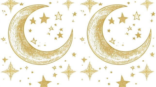 Golden Crescent Moons and Stars Celestial Night Sky Pattern