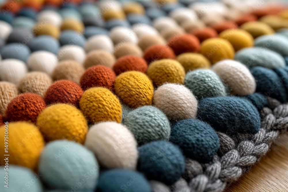 Poster Colorful textile pattern with felt balls arranged in geometric design showcasing craftsmanship and creativity in home decor