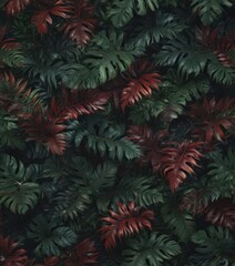 Intricate dark green & crimson tropical leaf pattern  Lush, textured foliage , tropical, vibrant green, illustration