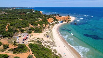 Tropical Island Coastline with Azure Waters and Lush Vegetation Overhead View