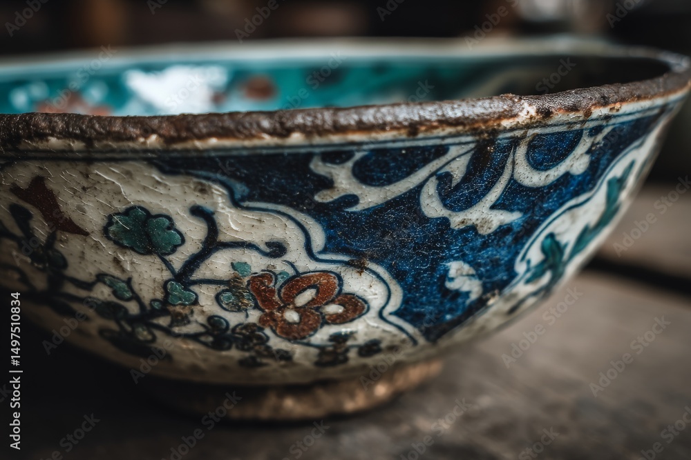 Poster ceramic bowl with intricate floral designs displayed on a wooden surface in a rustic setting