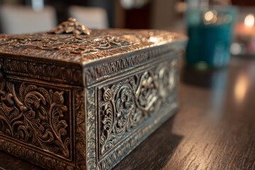 Ornate antique box showcasing intricate designs on a wooden table illuminated by soft candlelight