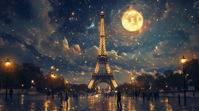 A magical night in Paris.  Silhouette of people walk under the  tower