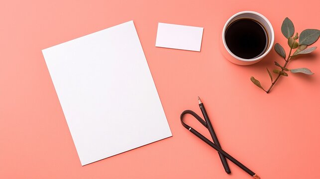 Blank Notepad Mockup with Pencil and Coffee on Coral Background
