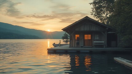 Wooden boathouse on a lake at sunrise.