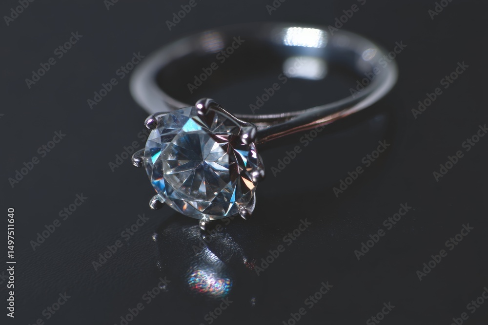Poster elegant silver ring with a sparkling round diamond displayed on a dark surface