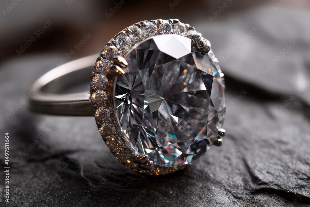 Poster elegant diamond ring with intricate detail displayed on textured stone surface