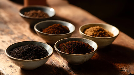 Variety of Coffee Grounds in Ceramic Bowls Showing Different Coarseness Levels on Rustic Wooden Surface
