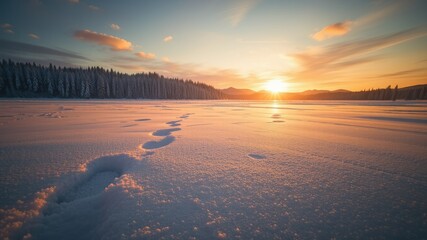 Peaceful Snowy Landscape at Golden Hour