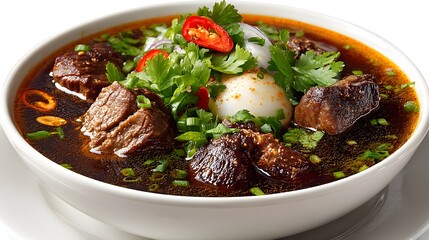 Delicious and savory beef stew with quail eggs and fresh herbs in a white bowl on a white background.