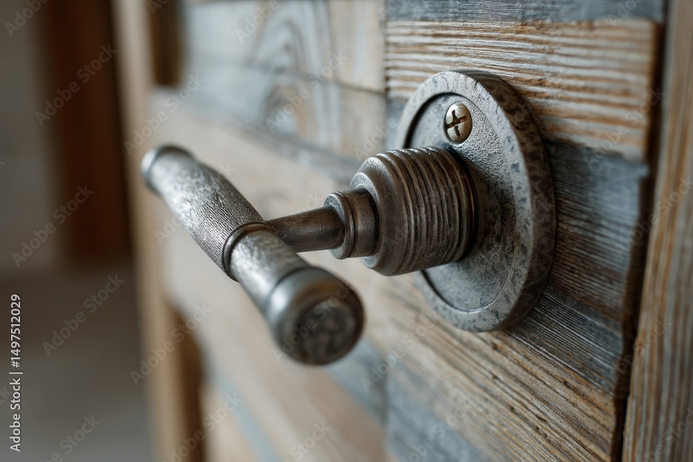 Poster close-up view of vintage door handle on wooden door in a rustic setting capturing intricate details 