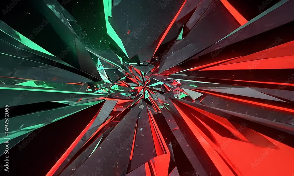 Poster abstract geometric fractal design in dark red and green tones with dynamic light effects