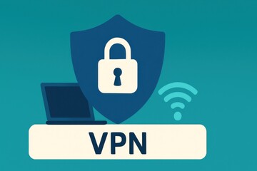 Vpn protecting laptop and wireless network with shield and padlock