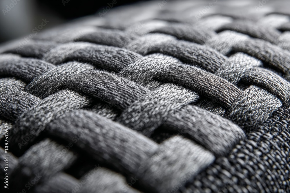 Poster textured fabric showcases intricate woven patterns in shades of gray for textile design inspiration