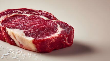 Obraz premium A succulent raw ribeye steak rests on a neutral background sprinkled with coarse sea salt ready for grilling or pan-sea.
