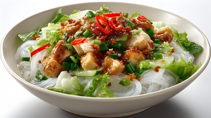 Delicious Asian-inspired tofu and noodle salad in a white bowl garnished with fresh herbs and chili flakes.