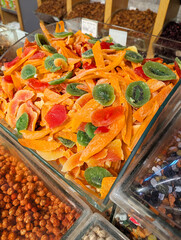 Istanbul, Turkey -04.27.2025: Various Turkish sweets, delicacies, pastries, dried fruits on display...