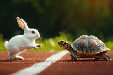Rabbit and turtle face off on track, green background, vibrant colors. Represents perseverance, slow and steady wins, classic fable theme.