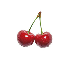 Fresh and Juicy Cherries with Raindrops on Bright Green Stem, Perfect for Summer Recipes and Healthy Snack Ideas, Isolated on White Background Transparent background, PNG