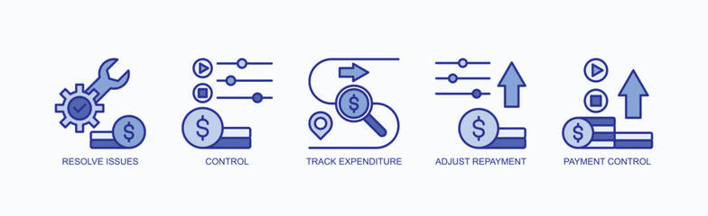 Fintrack Icon Set Isolated Vector With Icon Of Resolve Issues, Control, Track Expenditure, Adjust Repayment, Payment Control In Blue Style