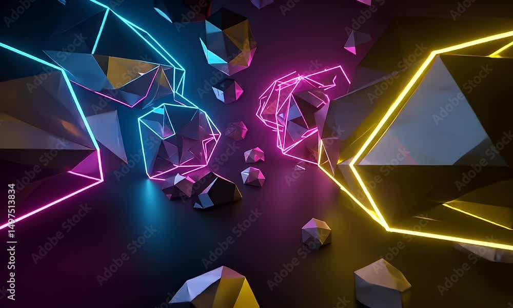 Poster abstract geometric shapes with neon lights in dark space for background design