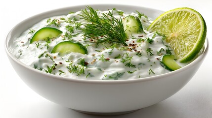 Obraz premium Creamy cucumber yogurt dip with fresh dill and lime garnish in a white bowl on white background perfect for summer recipes.