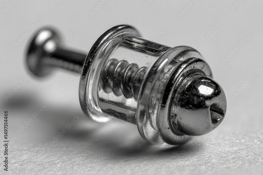 Poster Small metallic and transparent screw detail captured in macro view on a plain surface during daylight