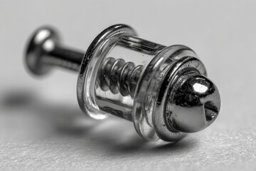 Small metallic and transparent screw detail captured in macro view on a plain surface during daylight
