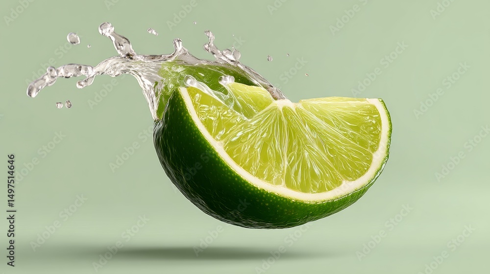 Aufkleber lime slice is floating in the air with water droplets surrounding it. concept of freshness and vital