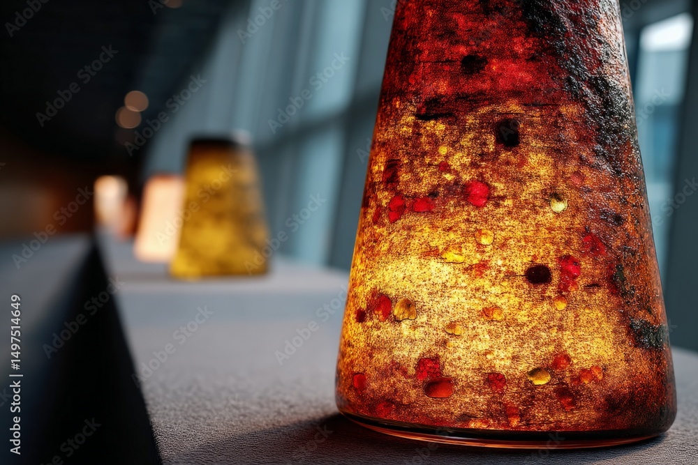 Poster colorful decorative lamps illuminate a modern gallery space during evening hours, creating an inviti