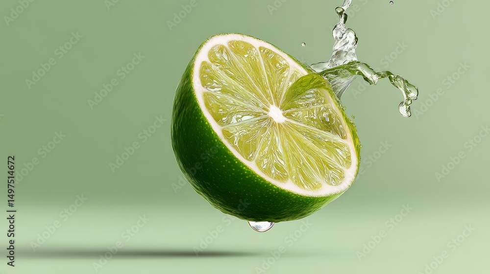 Poster lime is sliced in half and is floating in the air. the water droplets from the lime are falling down
