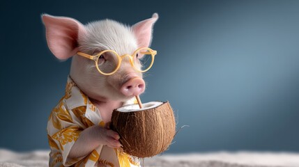 Pig wearing glasses and a Hawaiian shirt is holding a coconut in its mouth. The image has a playful and lighthearted mood, as the pig is dressed up in a human-like manner