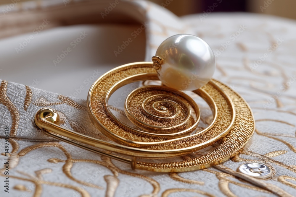 Poster elegant golden spiral brooch with pearl detail resting on intricately embroidered fabric near a soft