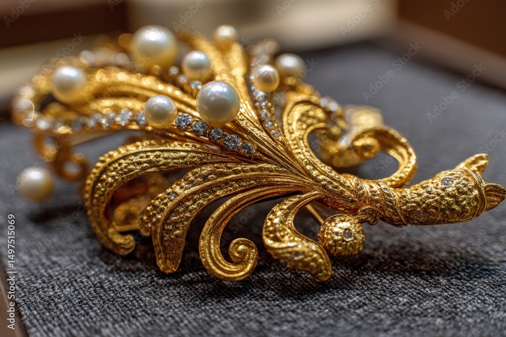 Poster exquisite golden brooch adorned with pearls and intricate detailing displayed on a velvet surface