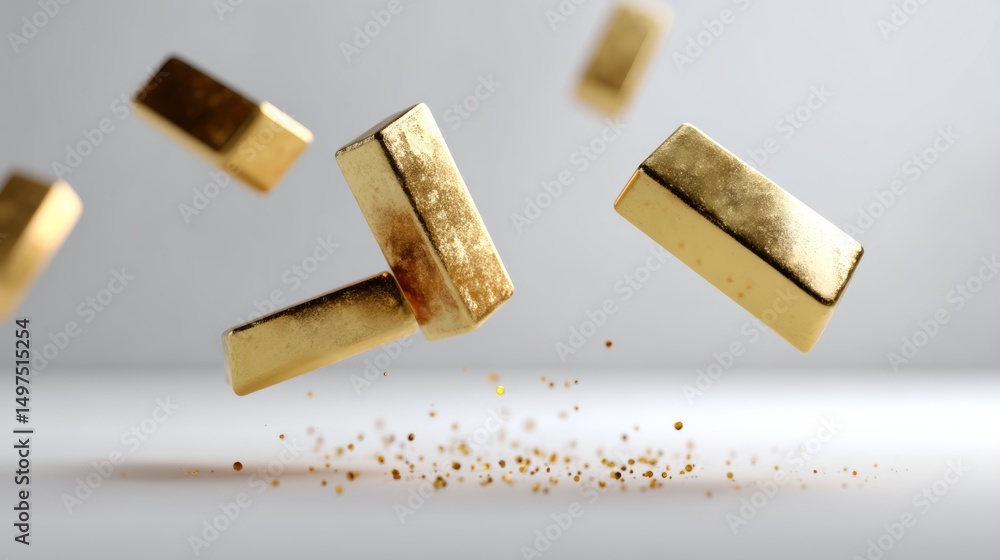 Poster pile of gold bars are falling from the sky. the bars are in different sizes and shapes, and they are