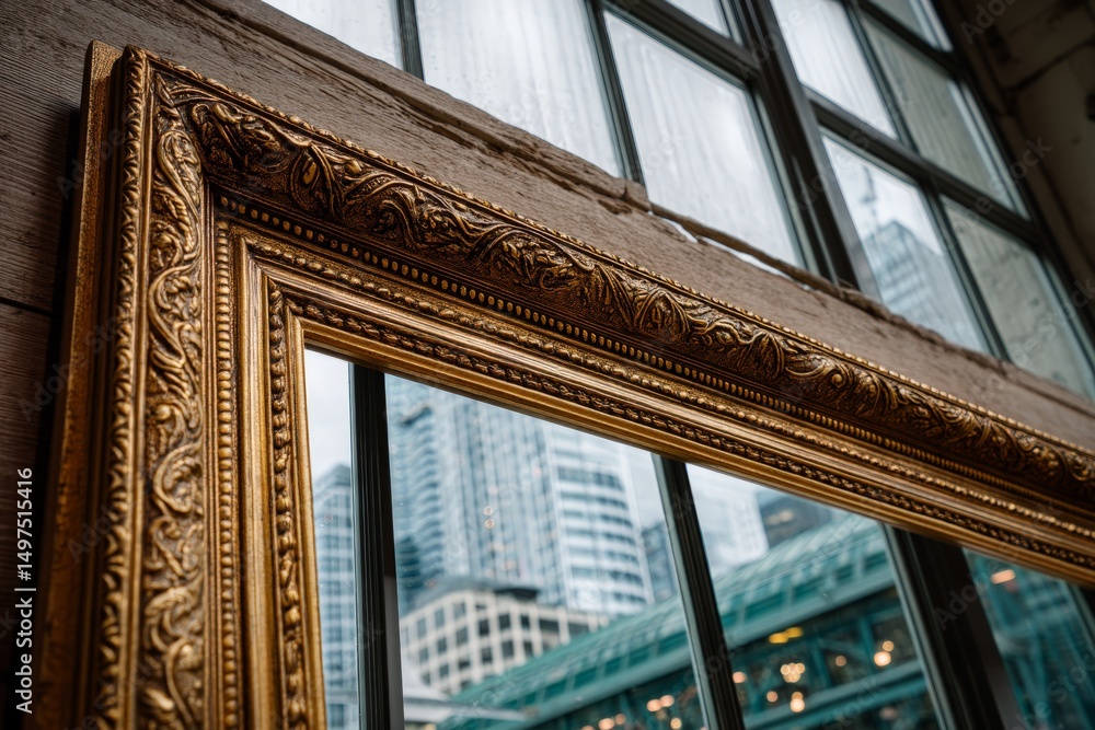 Aufkleber creative reflection in an ornate gold frame with a city skyline view through large windows