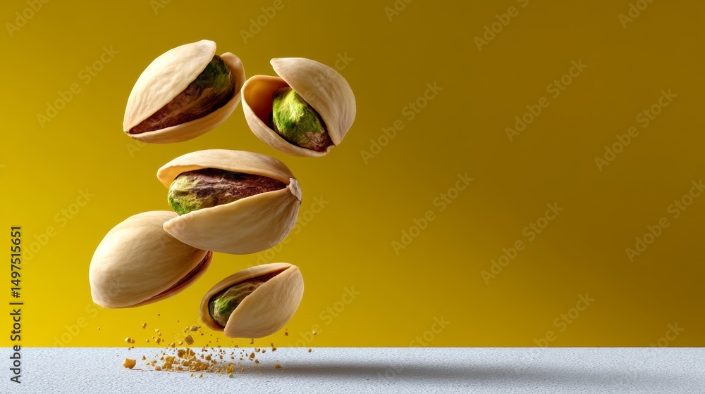 Poster close up of a bunch of peanuts with one of them missing. the peanuts are flying through the air, cre