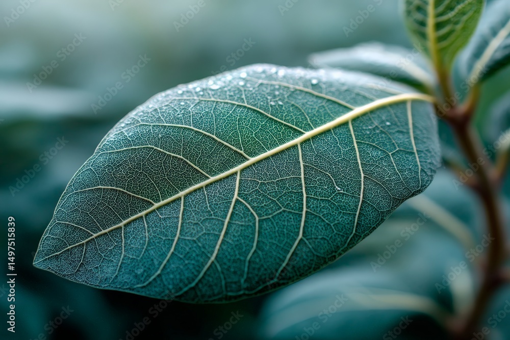 Aufkleber close-up view of a vibrant green leaf showcasing intricate vein patterns and dew drops in a lush gar