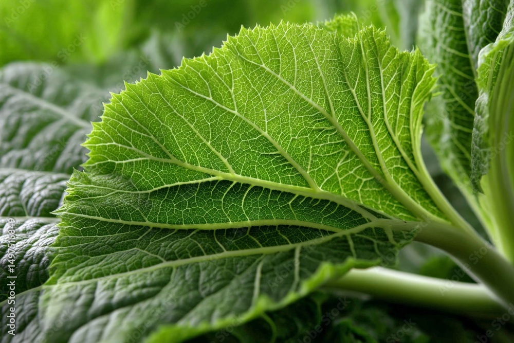 Poster leaf with intricate vein patterns showcasing vibrant green hues in a natural setting during daylight