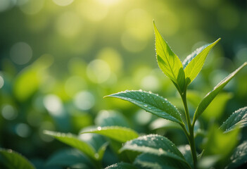 Fresh Green Tea Leaves Glowing in the Sunlight