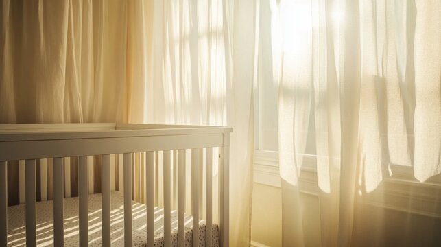 Sunlit nursery with a baby crib.