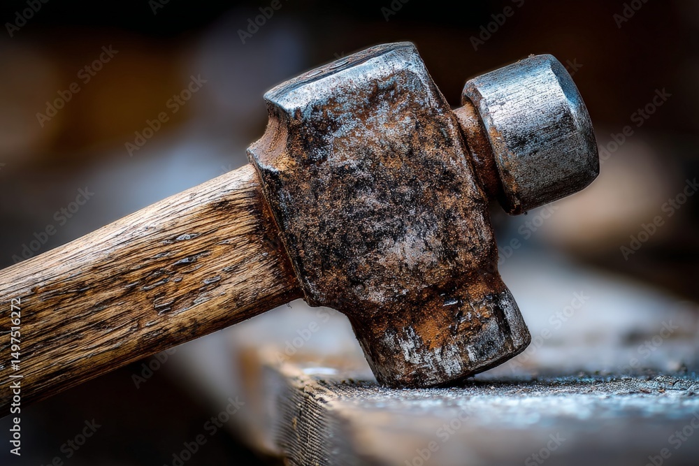 Poster rusty hammer rests on wooden workbench highlighting craftsmanship and tools used in woodworking proj