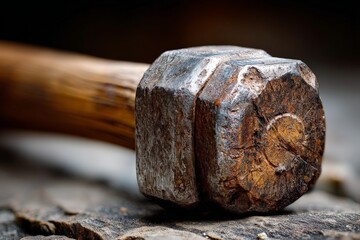 Hammer resting on wooden surface shows signs of wear from frequent use in a workshop setting during daylight hours