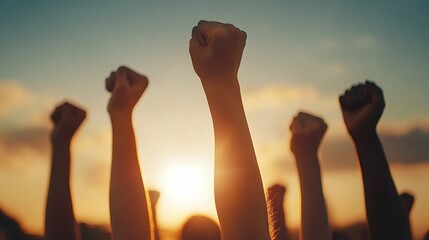 Diverse hands raised in unison at sunrise, a symbol of collective strength and human rights.