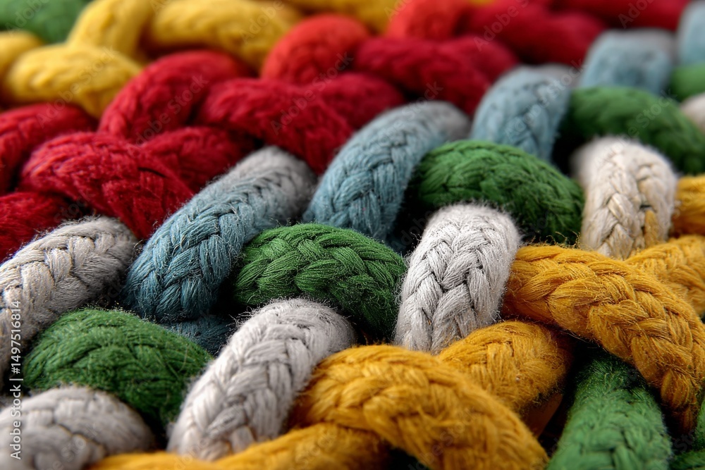 Poster Multi-colored braided ropes displayed in intricate patterns, showcasing craftsmanship and texture in close-up view