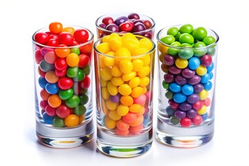 Assorted Colorful Candies in Glasses Isolated on White Background