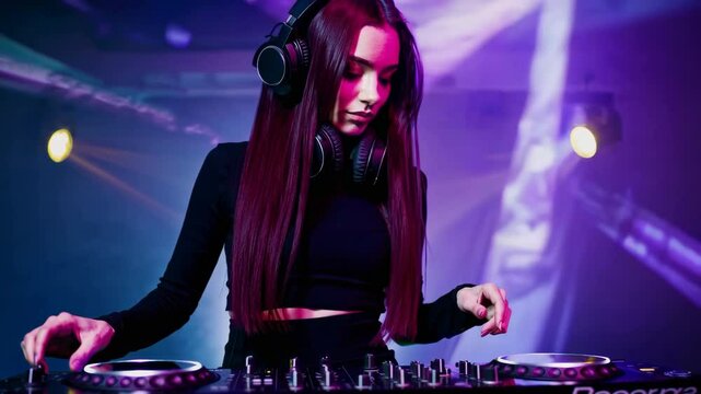 Stylish Female DJ Mixing at Nightclub &ndash; Cinematic Loop with Pink Lights, Headphones, and DJ Controller | 4K Video Background