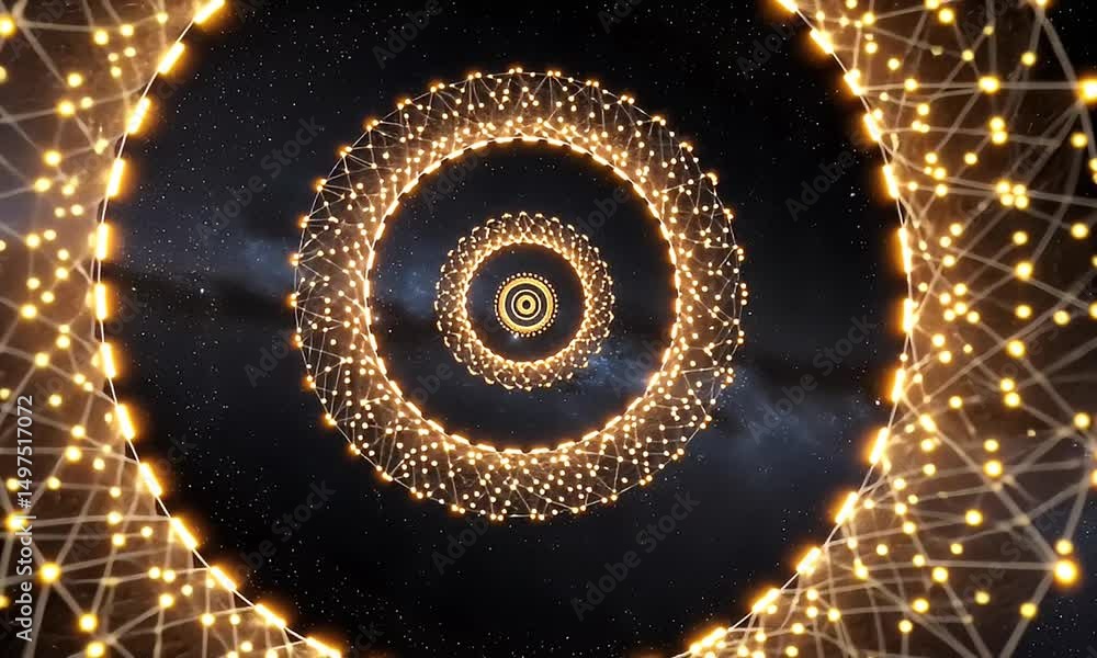 Poster abstract gold colored geometric structures forming concentric circles against a starry space backgro