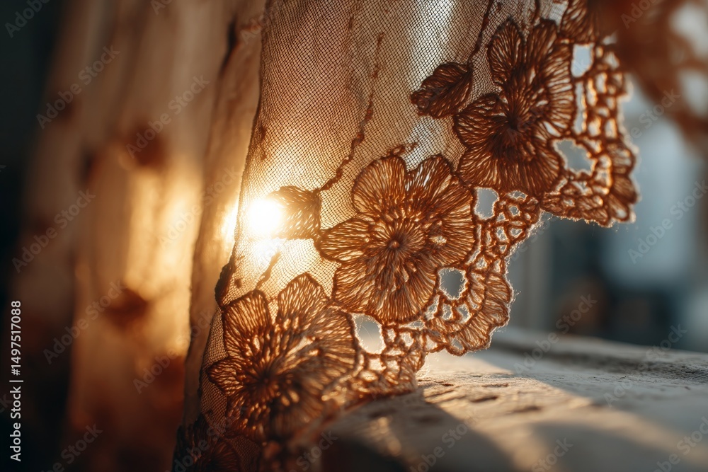 Poster light filtering through a lace curtain at sunrise highlights delicate floral patterns in a cozy inte