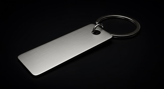 Blank silver rectangle keychain mockup on a black background ready for branding